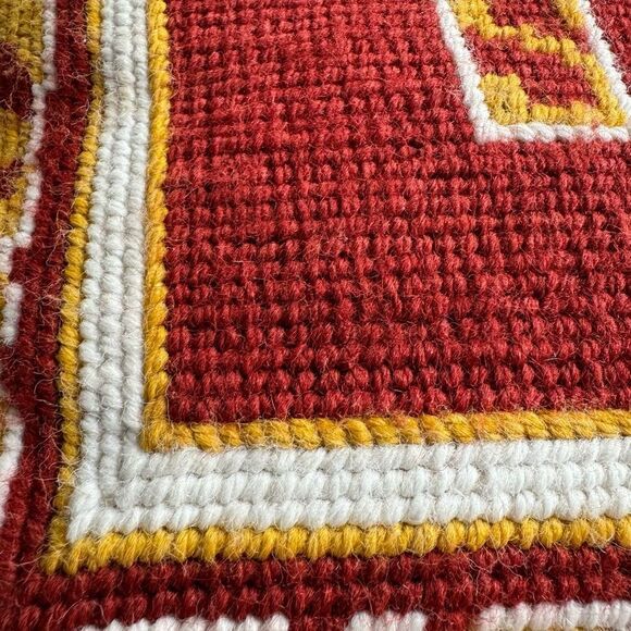 Red Gold Geometric Wool Needlepoint Boho Accent Pillow 14 inches Square Handmade - Picture 6 of 11